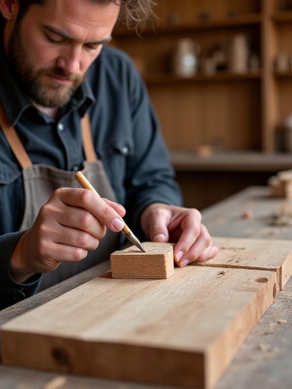 Un artigiano di Larice Legno che lavora con precisione su un pezzo di legno di larice.