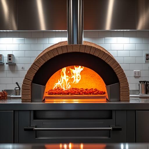 Un forno a legna professionale installato in un ristorante moderno.